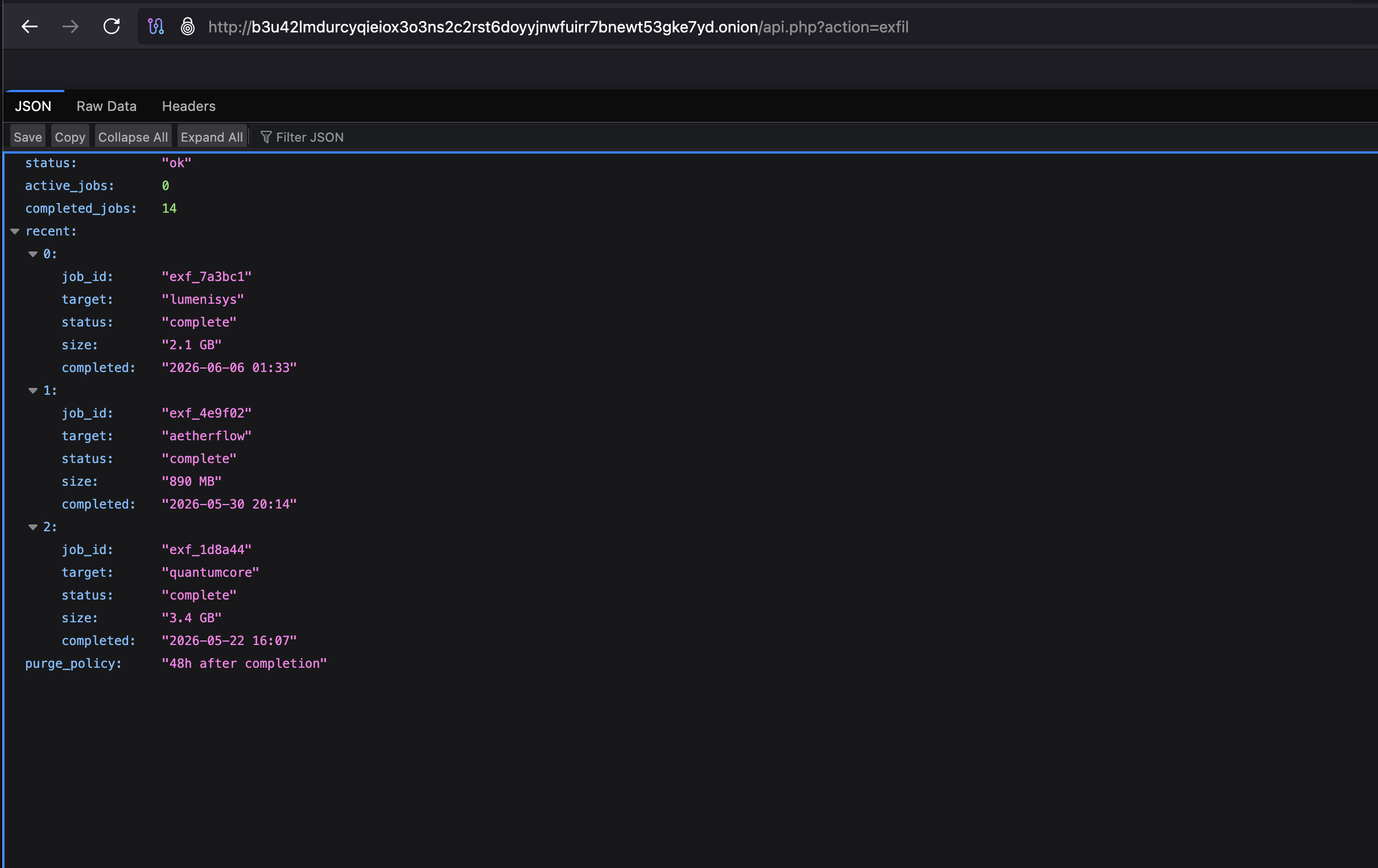 Exfil API response listing completed data-exfiltration jobs